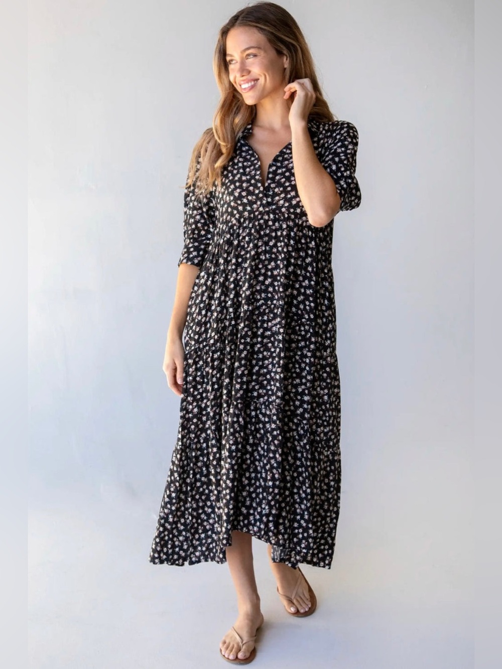 Natural Life Rebecca Midi Dress in Black Cream Roses Boho Tiered Floral